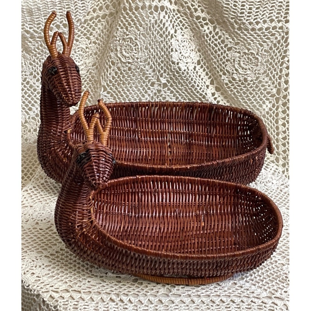 Wicker Deer Reindeer Basket Set Home Decor Brown Vintage FLAWS